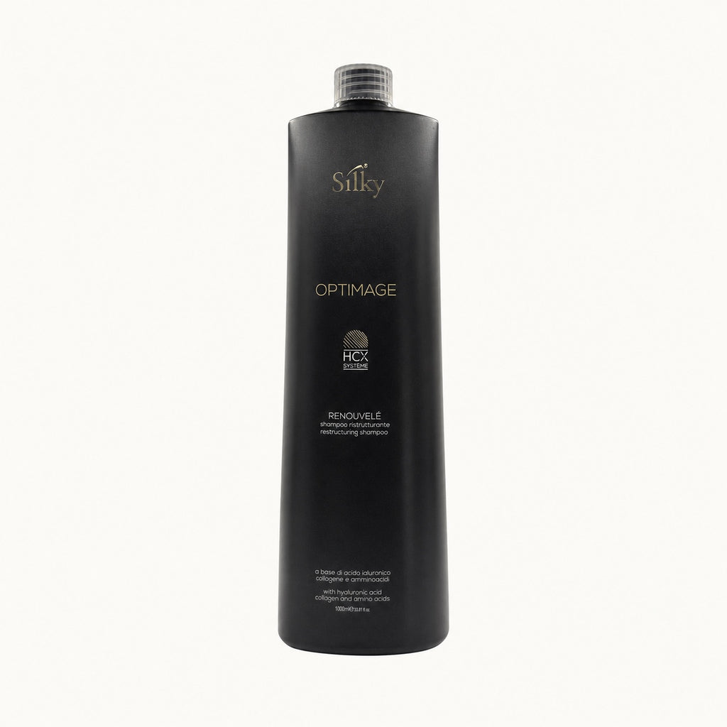 Silky Optimage Renouvelé, shampoo ristrutturante anti-età 1000 ml — packshot su fondo crema