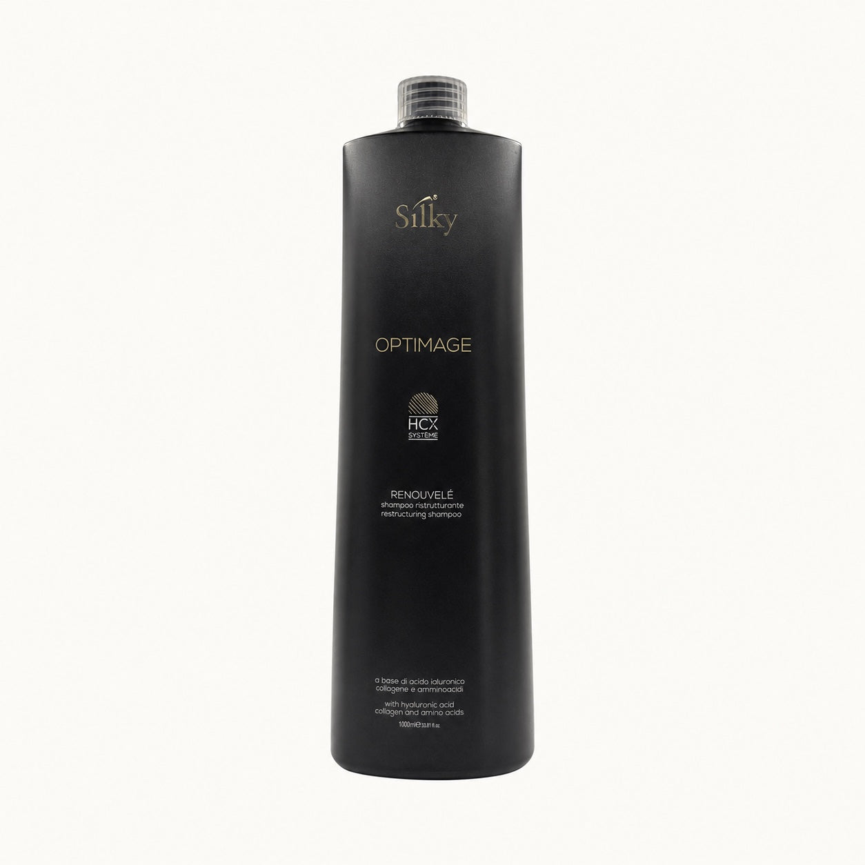Silky Optimage Renouvelé, shampoo ristrutturante anti-età 1000 ml — packshot su fondo crema