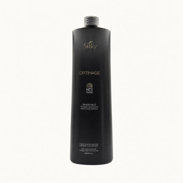 Silky Optimage Renouvelé, shampoo ristrutturante anti-età 1000 ml — packshot su fondo crema