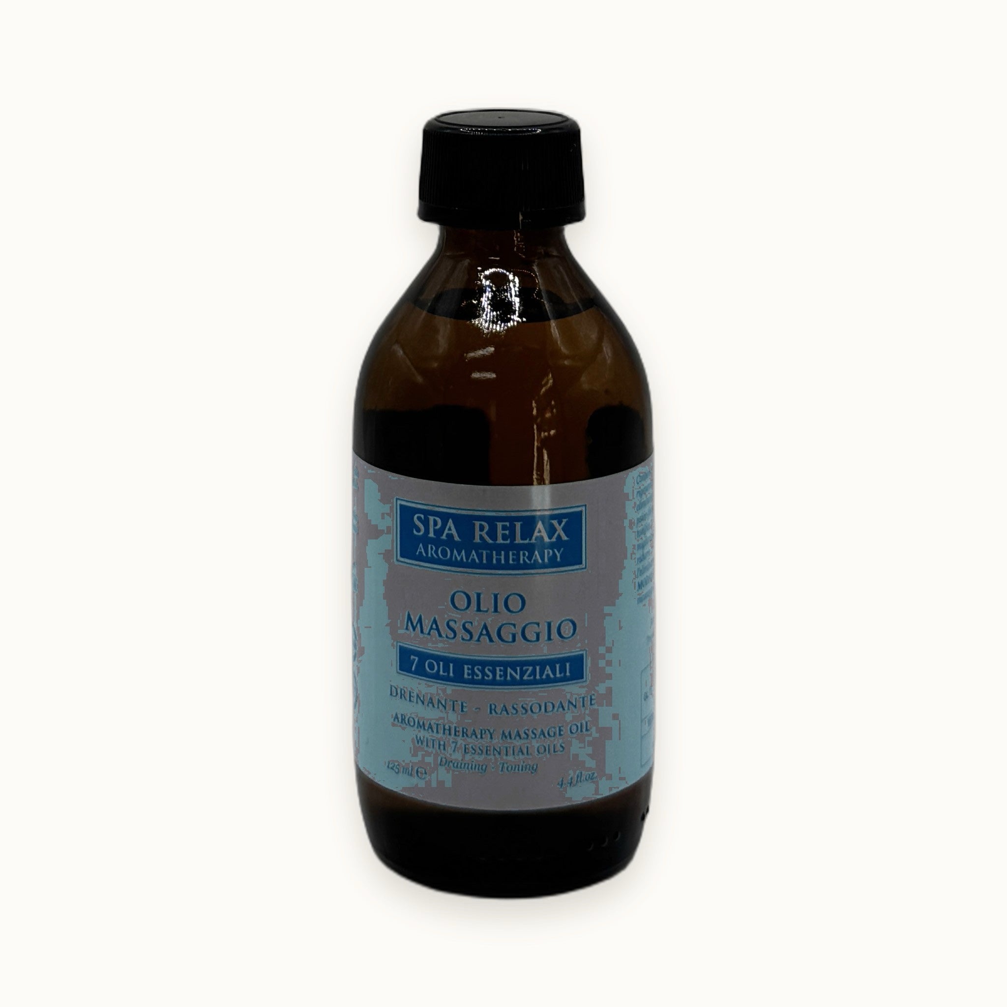 Spa Relax Aromatherapy, olio da massaggio 7 oli essenziali — packshot su fondo crema