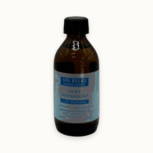 Spa Relax Aromatherapy, olio da massaggio 7 oli essenziali — packshot su fondo crema