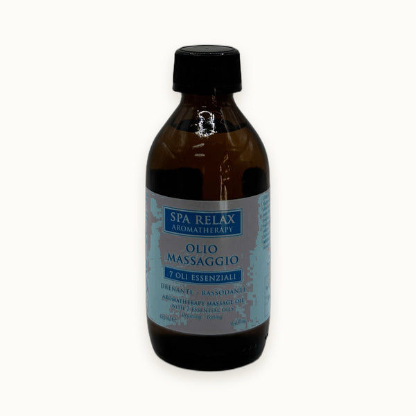 Spa Relax Aromatherapy, olio da massaggio 7 oli essenziali — packshot su fondo crema