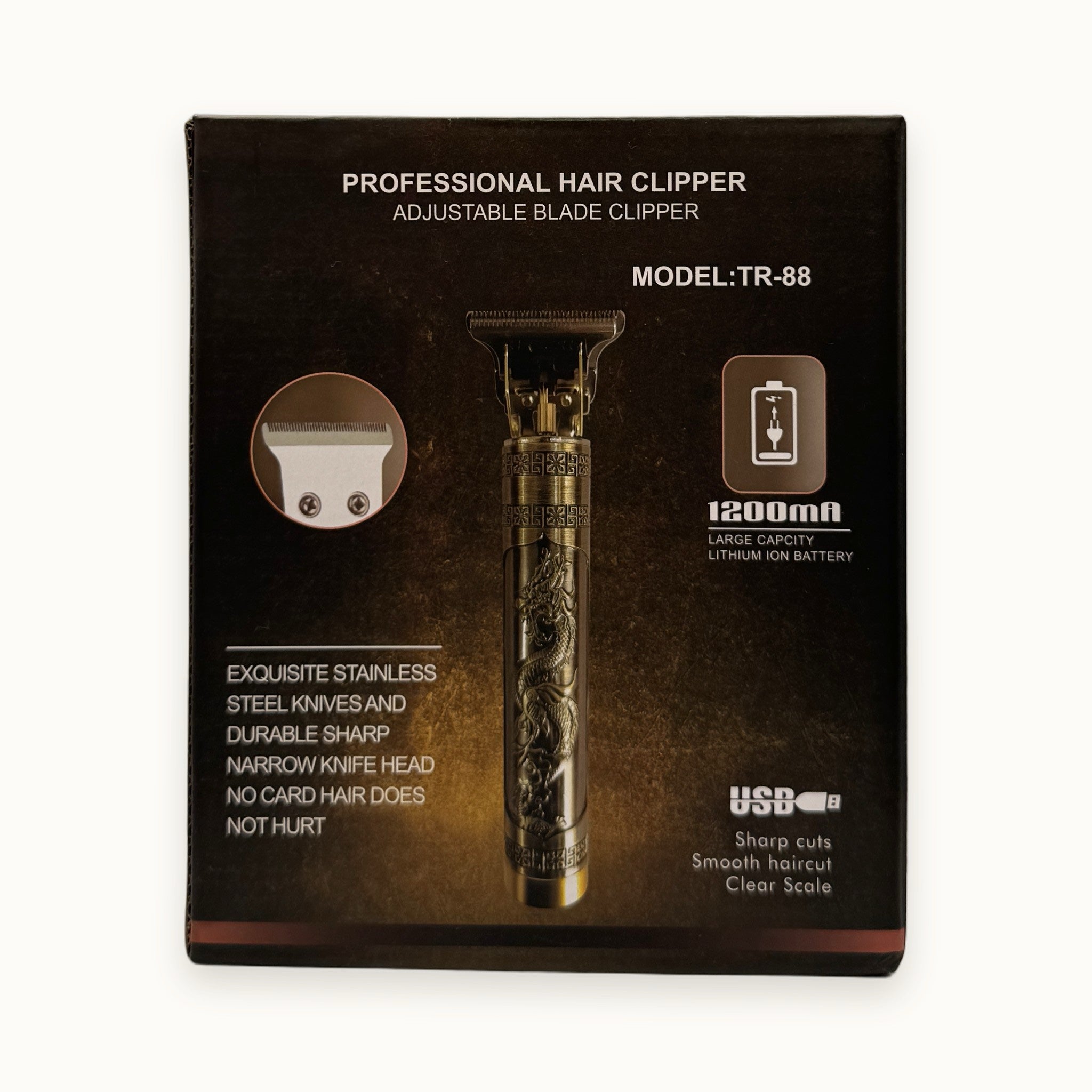 Tagliacapelli professionale ricaricabile TR-88, finitura dorata — packshot su fondo crema