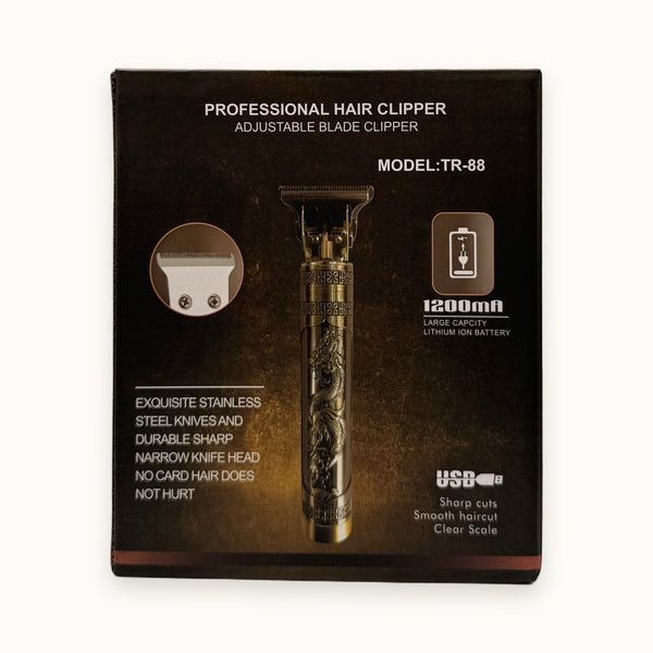 Tagliacapelli professionale ricaricabile TR-88, finitura dorata — packshot su fondo crema