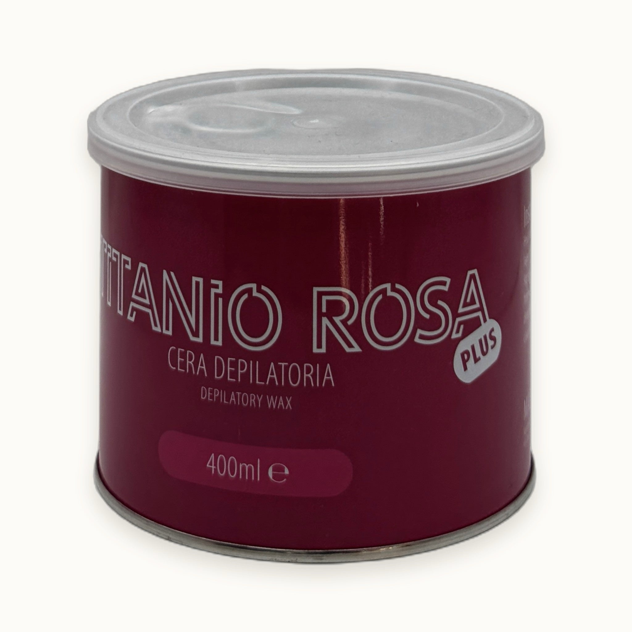 Titanio Rosa Plus, cera depilatoria liposolubile rosa in vasetto — packshot su fondo crema