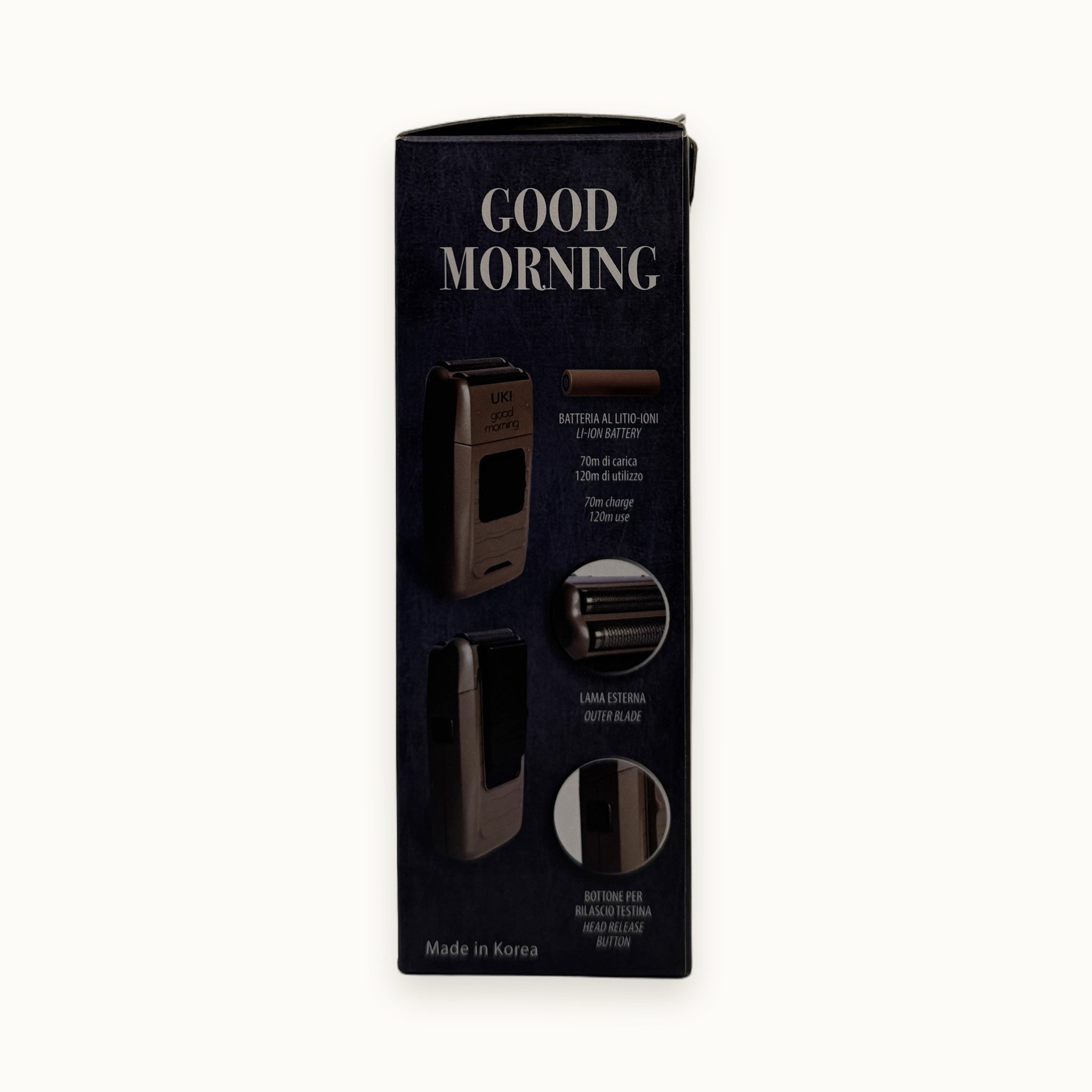 Uki Good Morning, rasoio elettrico a lamina — packshot su fondo crema