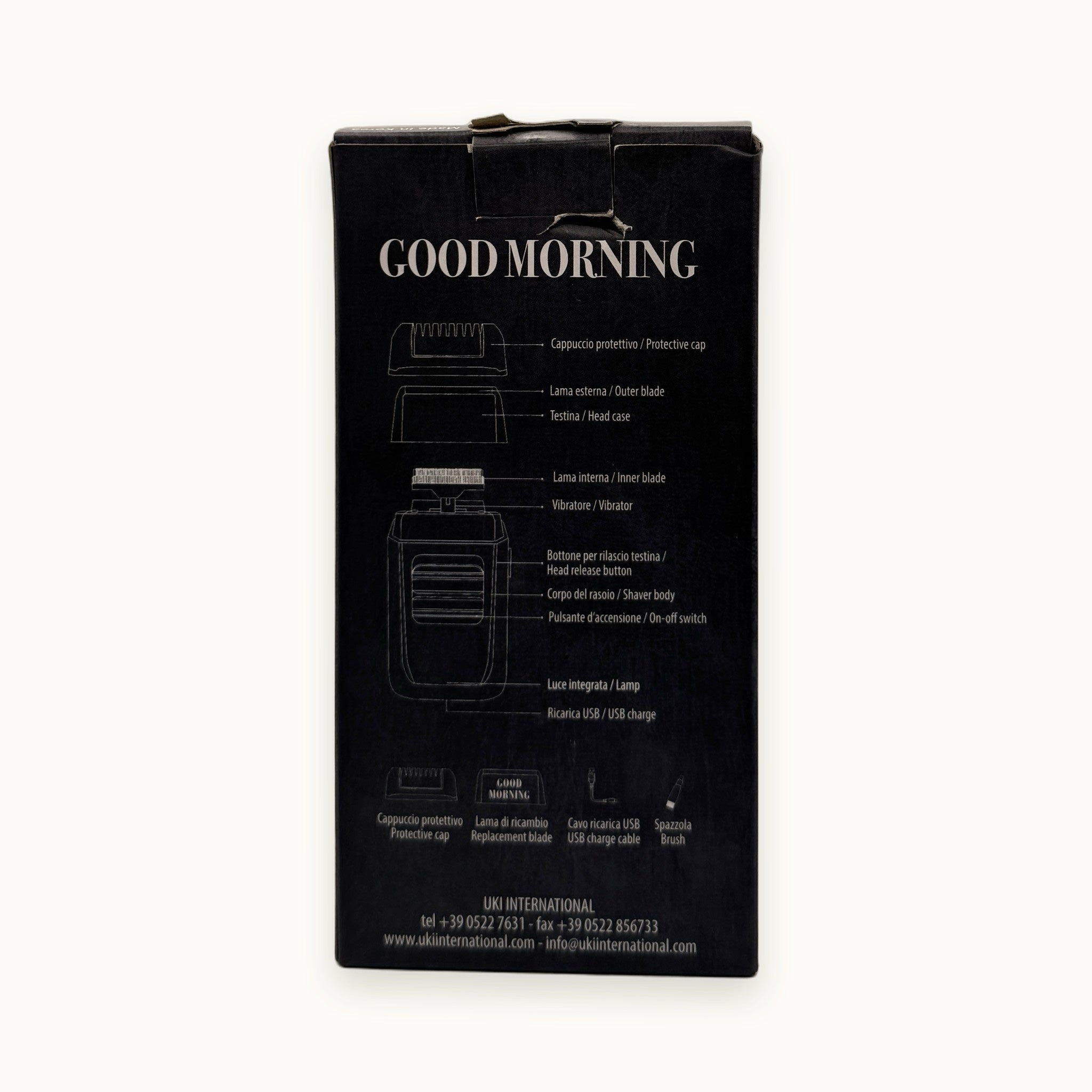Uki Good Morning, rasoio elettrico a lamina — packshot su fondo crema