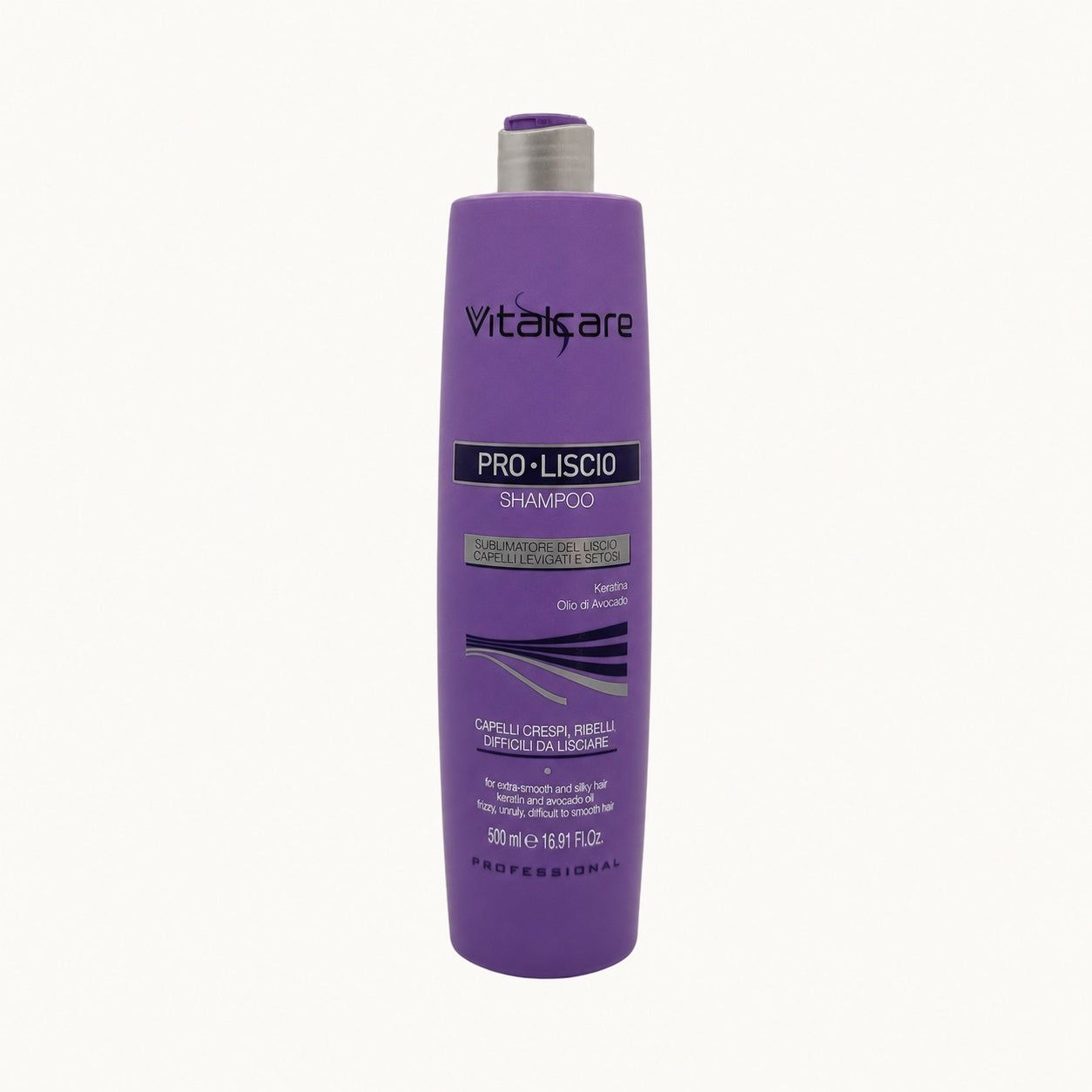 Vitalcare Pro-Liscio, shampoo anti-crespo lisciante capelli ribelli 500 ml — packshot su fondo crema