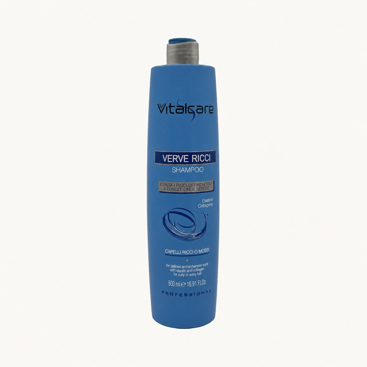 Vitalcare Verve Ricci, shampoo ravviva ricci per capelli ricci 500 ml — packshot su fondo crema
